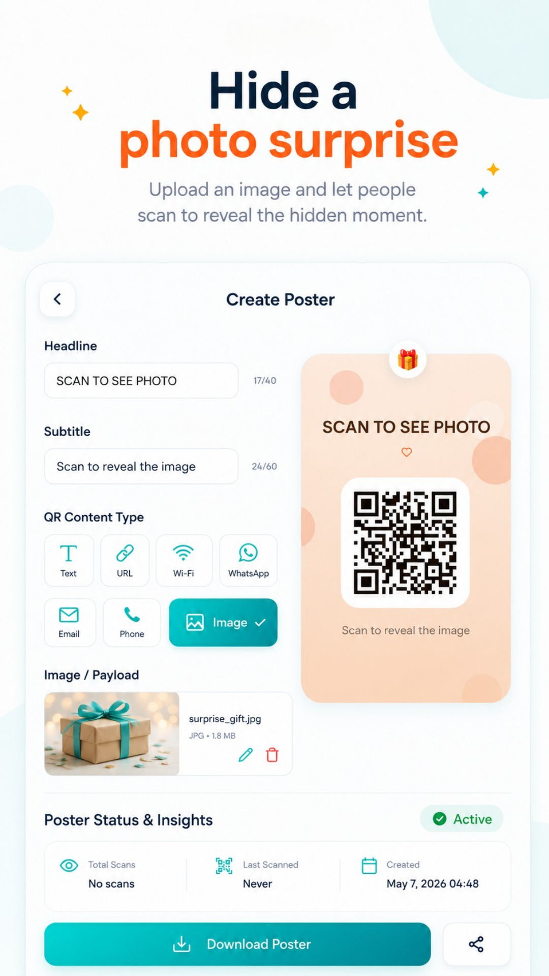 Qringo promotional graphic - Hide a photo, message, or link