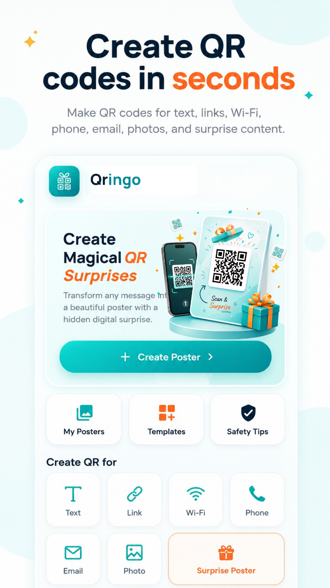 Qringo promotional graphic - Create QR codes for everyday sharing